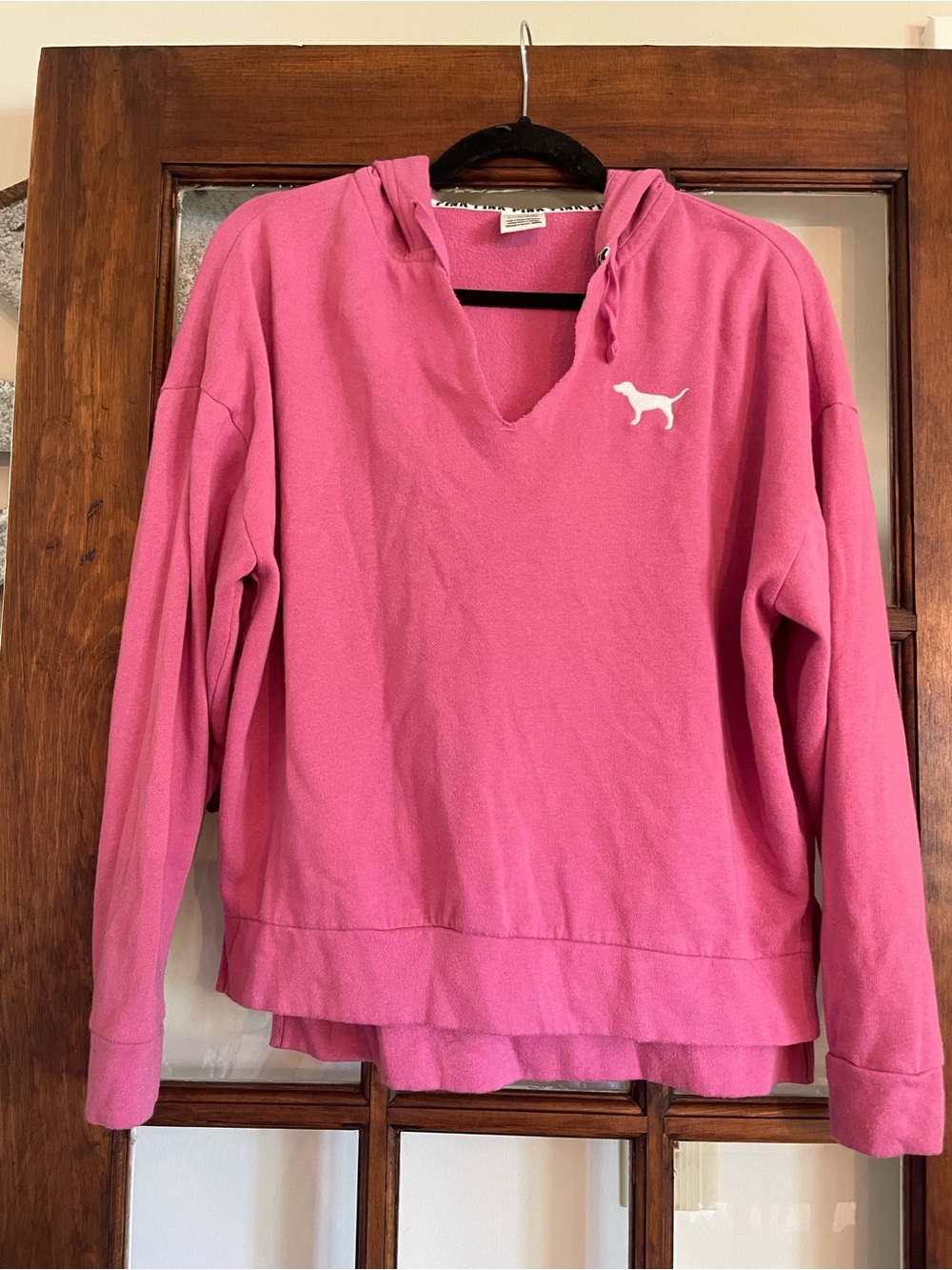 PINK Victoria's Secret Hot Pink V-Neck Hoodie with White Dog Logo